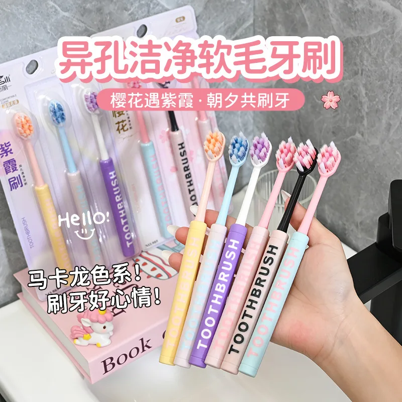 Adult soft-bristled toothbrush with cylindrical non-slip handle, gum protection and wide head, set of 3