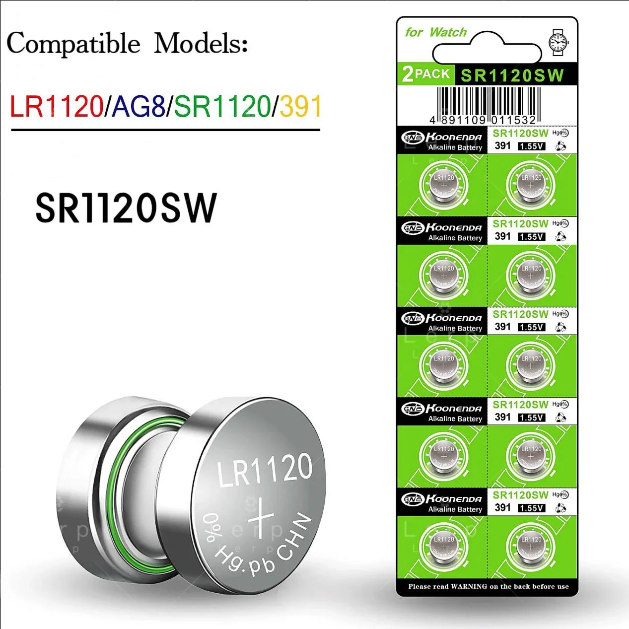 AG8 Button Electronics LR1120 pila de botón 391A, SR1120SW, 1,55 V