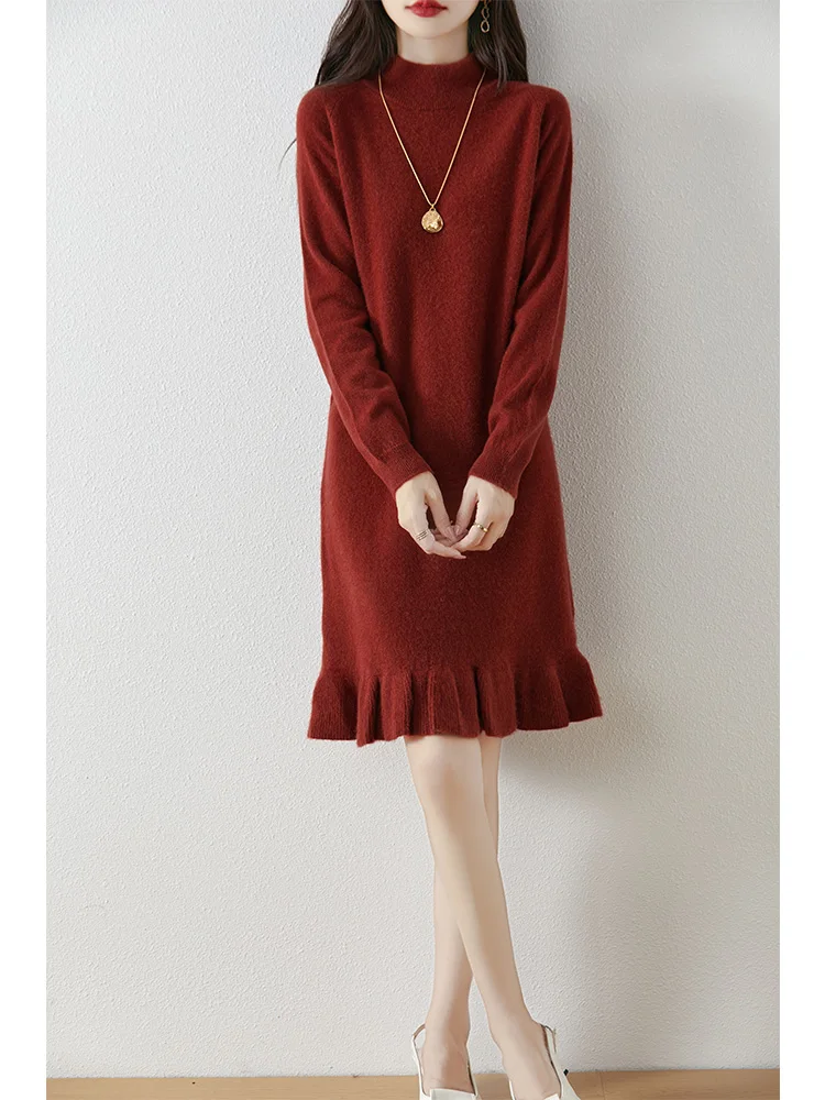 Lotus Leaf Edge Mid Length Fish Tail Skirt Autumn Winter New Item 100% Pure Wool Knitted Dress Women's Half High neck Pullover