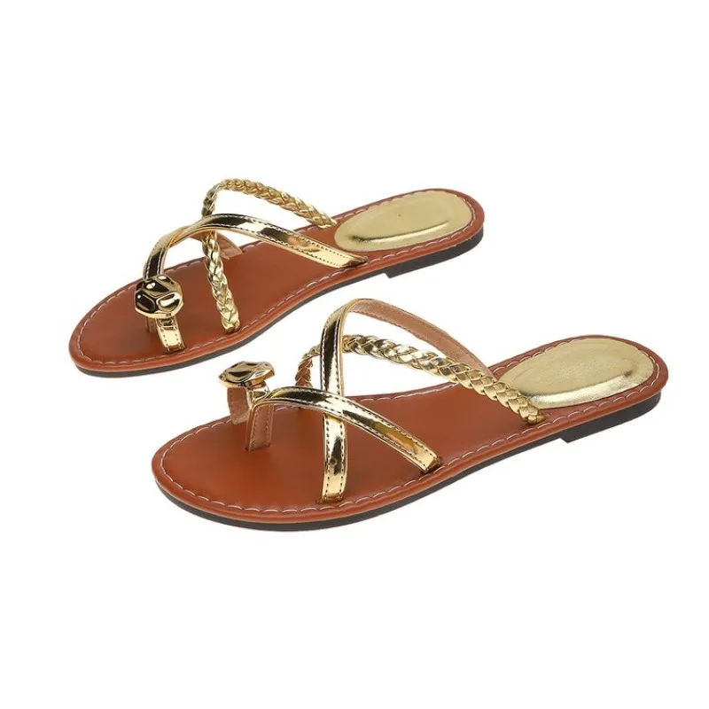 Damen Casual Flache Pantoffeln Zehentrenner Sandalen Geflochtener Riemen Slip-On Clip-Toe Minimalistische Sommer-Komfortschuhe für den Alltag, Spaziergänge und Urlaub – Detail 9