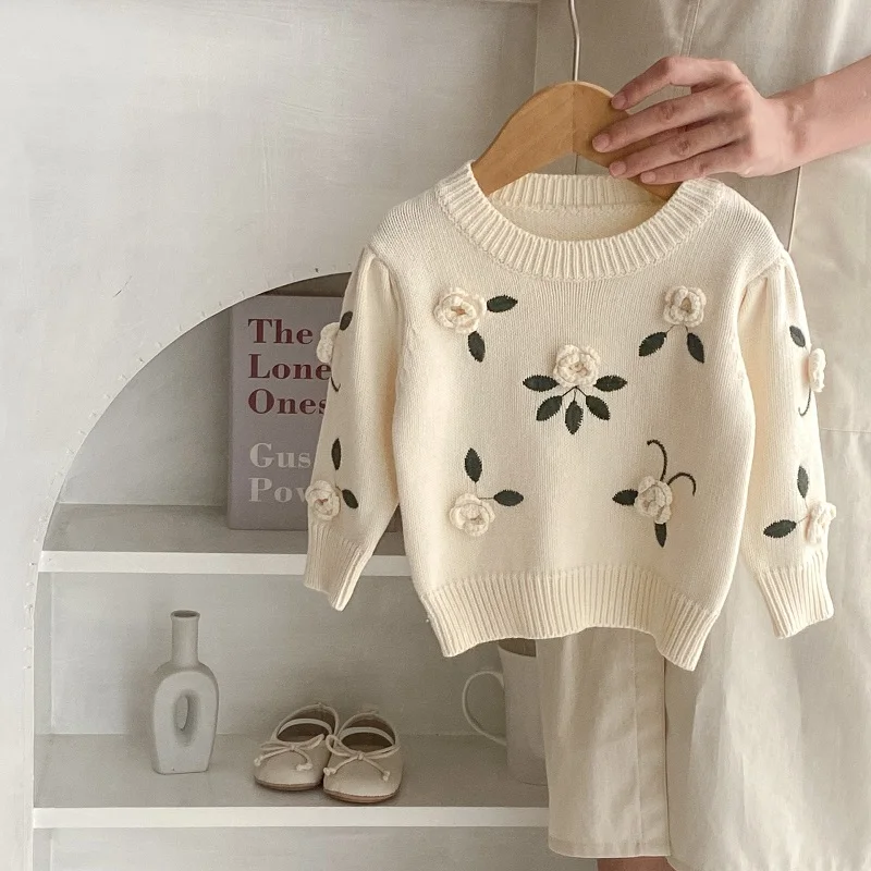 

INS Baby Girl Sweater 0-3Years Newborn Princess Long Sleeve O-Neck 3D Flower Pullover Jumper Knitted Tops Spring Autumn Clothes