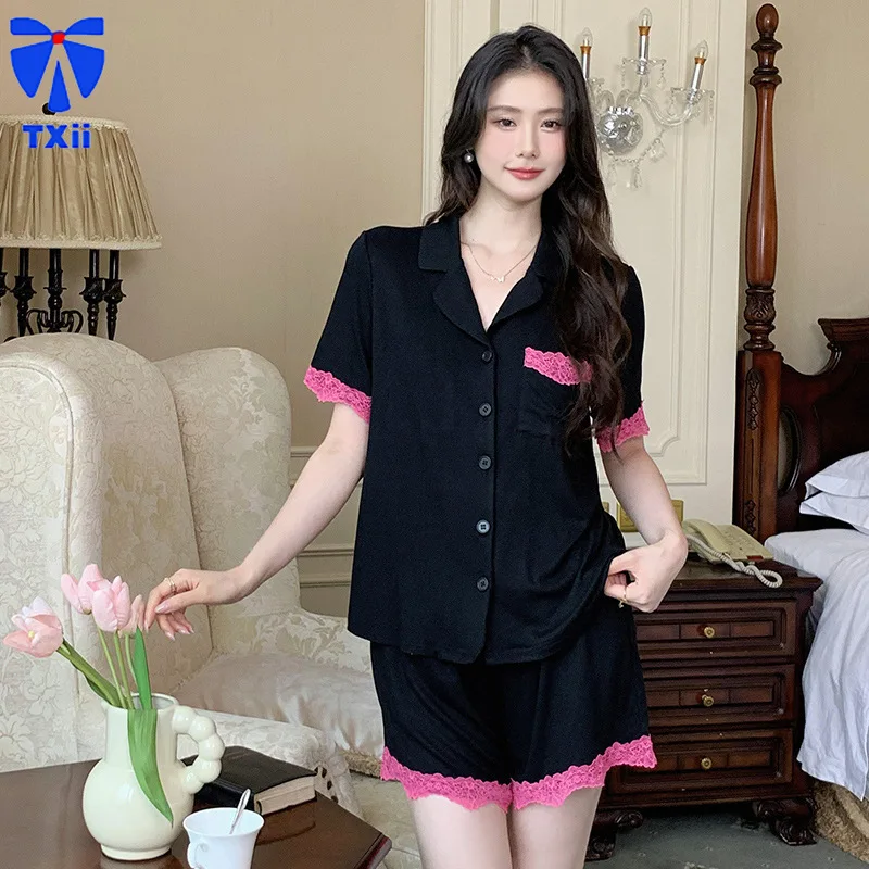 TXii Newlook Pajamas Women's 2024 New Ins Style High-end Cotton Contrast Short Sleeve Shorts Home Clothes suit