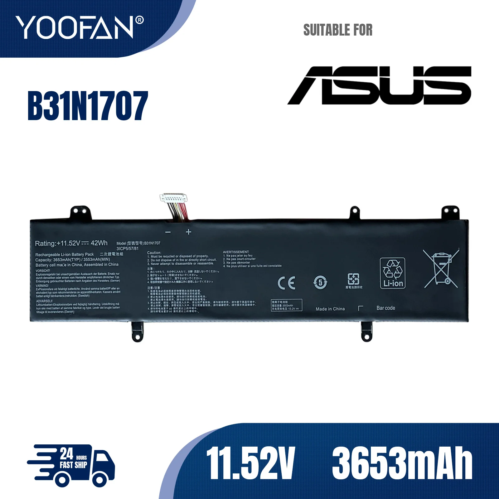 

YOOFAN Batería para portátil ASUS Vivobook X411UA, X411UF, X411UN, X411UQ, S14, S410UA, S410UN, 11,52 V, 42WH, B31N1707
