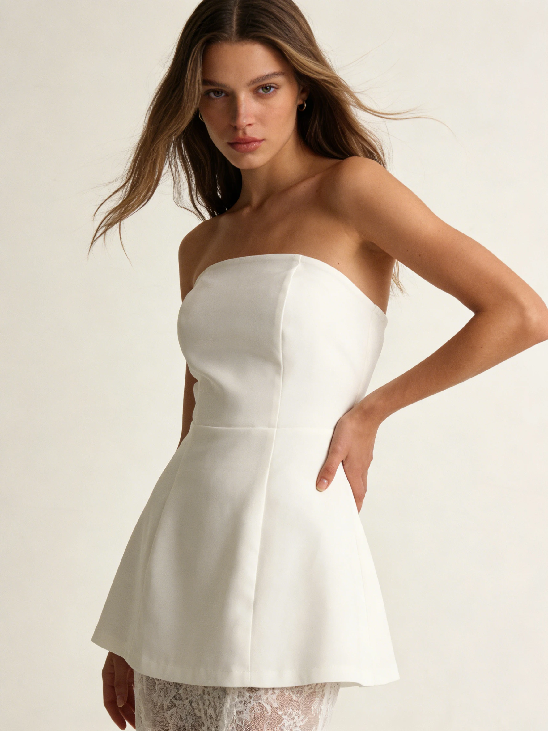 Conjunto de dos piezas para mujer: Top peplum sin tirantes y falda larga de encaje, elegante estilo sirena francés para fiesta de noche, club, boda o invitada.