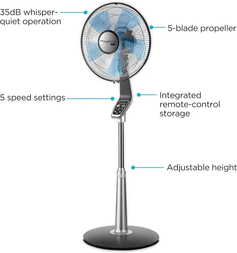 Rowenta, Pedestal Fan, Turbo Silence Standing Floor Fan with Remote, 53 Inches, Ultra Quiet Fan for Bedroom, Oscillating, VU5670