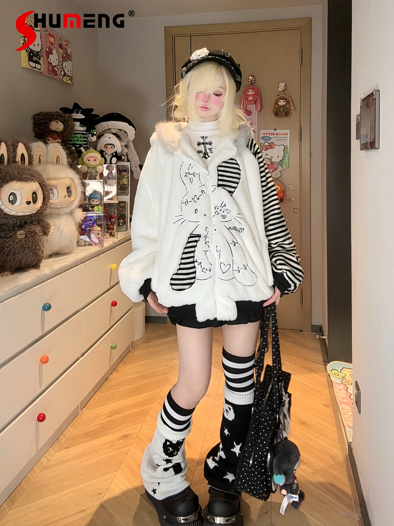 

Original Subculture Sweet Cool Fashion Faux Fur Jacket Autumn Winter New Girls Plush Warm Thickened Rabbit Ear Hooded Fur Jacket