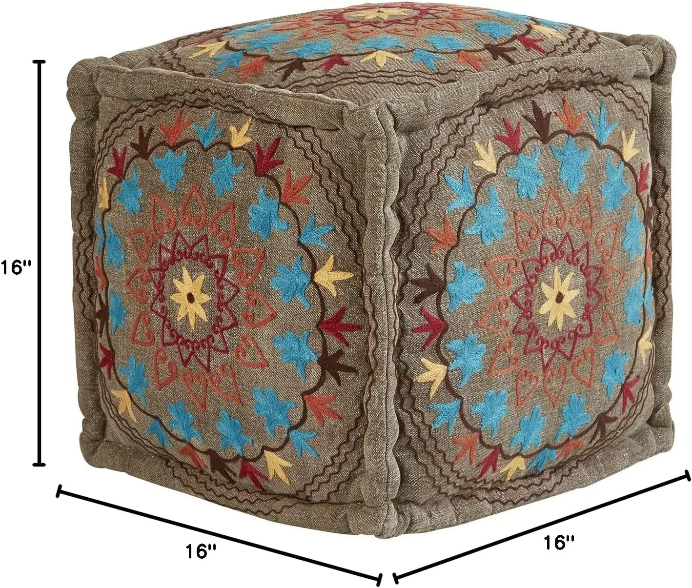 Square Boho Embroidered Fabric Foot Stool Ottoman Pouf, 16