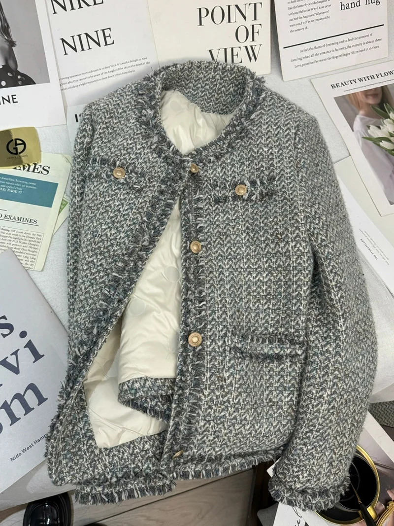 Fashion Party 2024 Autumn Winter Grey Blue Jacket for Women Lining Down Plaid Thicken Warm Vintage Tweed Coat Suit Ladies