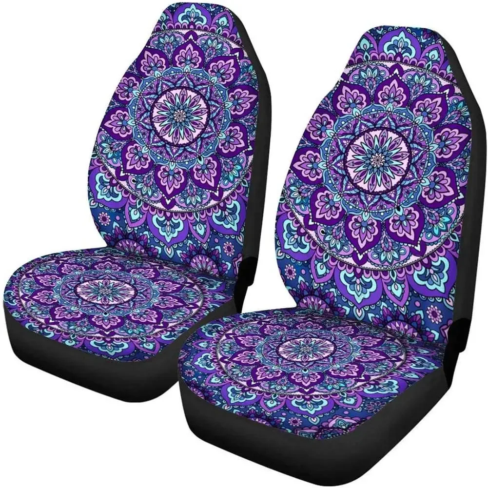 2 PCS Mandala Car Seat Covers Boho Lotus Print Front Auto Seat Cover,Car Bucket Seats Protector Covers Universal fit