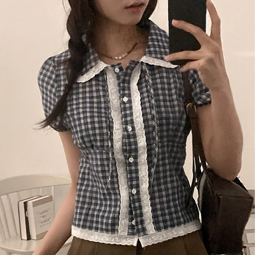 

Korean Style Summer New Checkered Short Sleeve Shirt Women's Cute Lace Design Sense Tie Waist Small Size Shirt Style