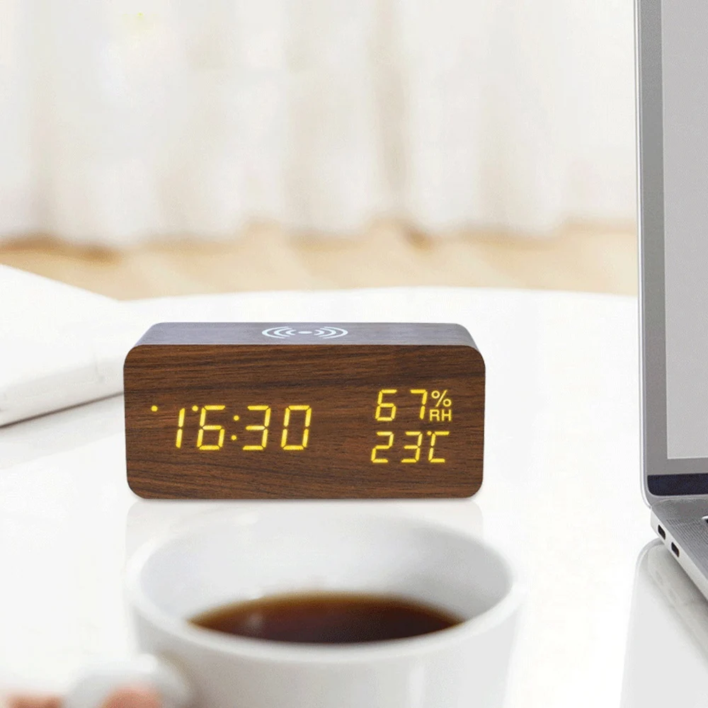 J1UL1N Digital Alarm Clock, Temperature And Humidity Alarm Clock LED Electronic Clock Smartphone Wireless