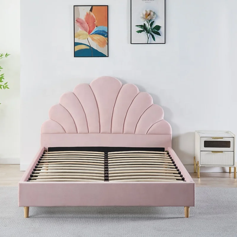^Pink Color Golden Chromed Leg Tufted Velvet Fabric Metal Modern Soft Bed Frame Australia Market Hot Selling Upholstery Bed