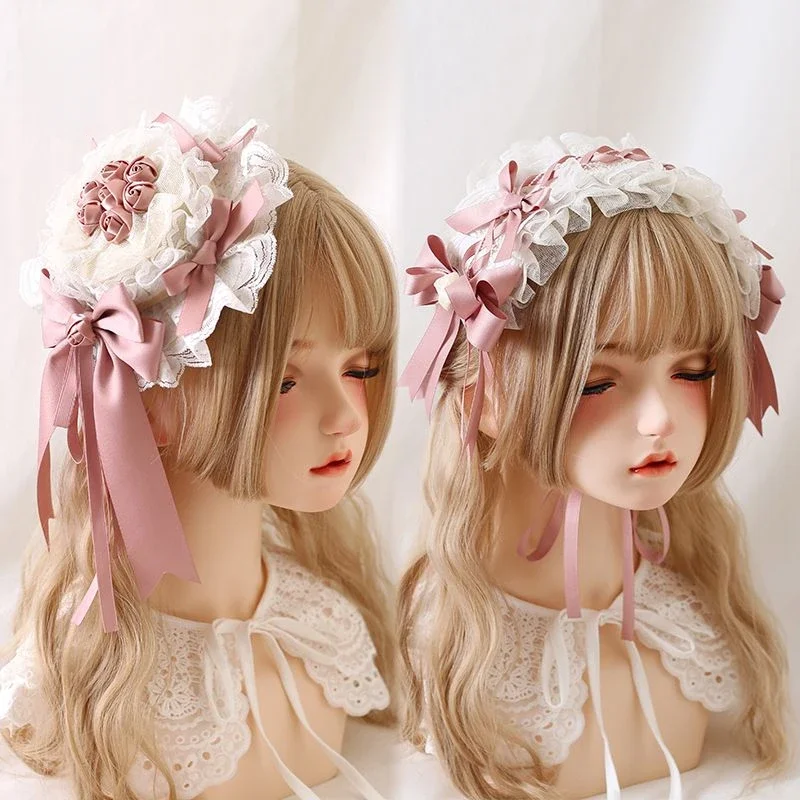 Coalfell Generate Lolita Japanese Elegant Flat Hat Lolita Lace Headband Headwear Flower Wedding Hat Butterfly Knot Hairband