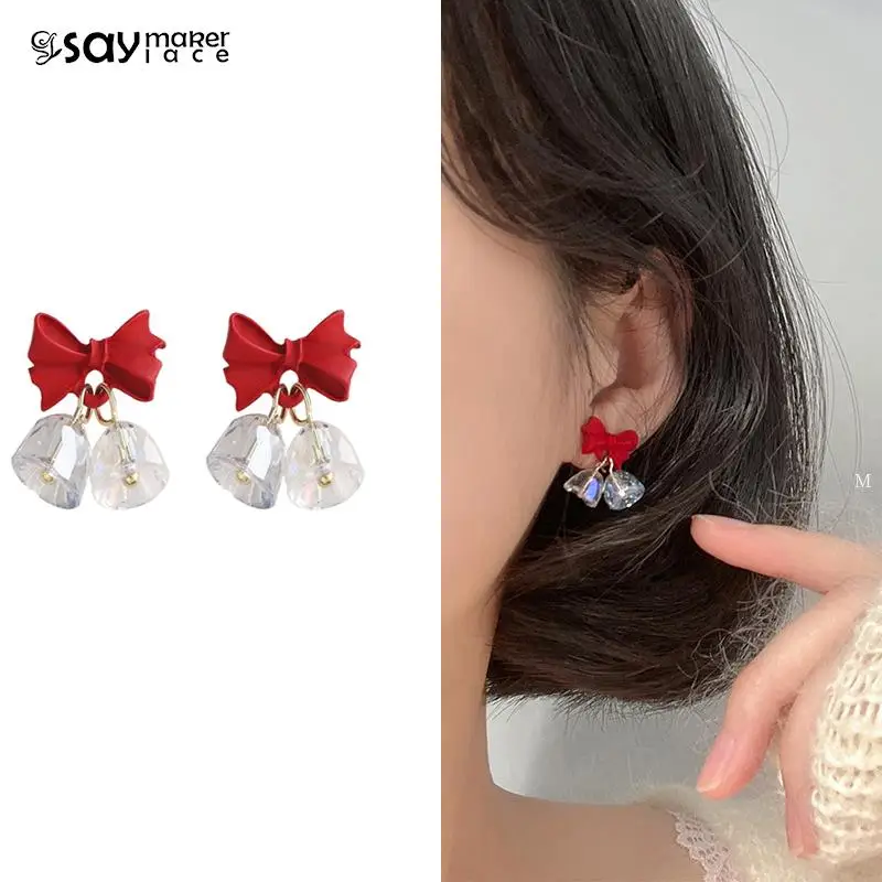 1Pair New Year's Bow Crystal Earrings Christmas Red Autumn Winter High-End Stud Earrings Christmas Jewelry Gift