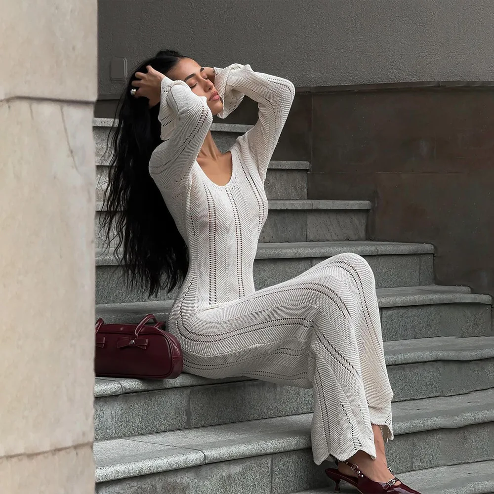 Sexy Hollow Out Knitted V-neck Maxi Dress For Women Elegant Long Sleeve Off Shoulder Slim Dress Vacation PartyClub Evening Dress