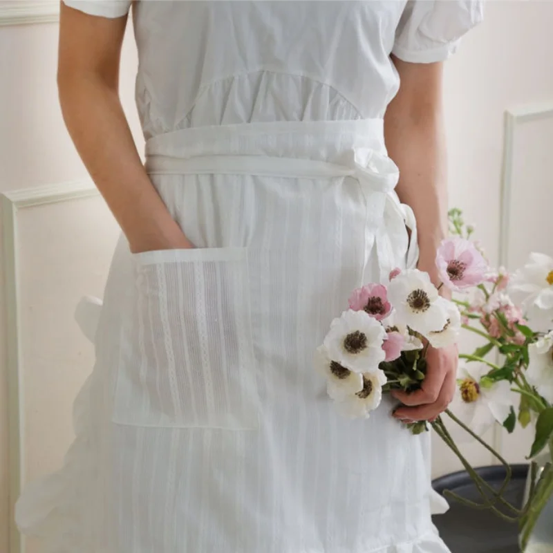Cotton Jacquard Waist Apron Women's White Ruffle Edge Home Kitchen Baking and Beauty Apron