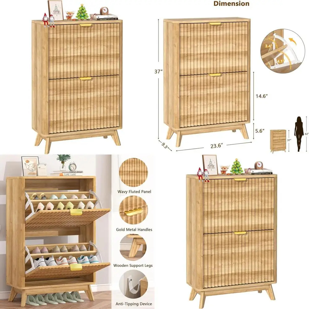

23.6 Freestanding Fluted Shoe Cabinet with 2 Drawers for Entryway & Hallway, Natural