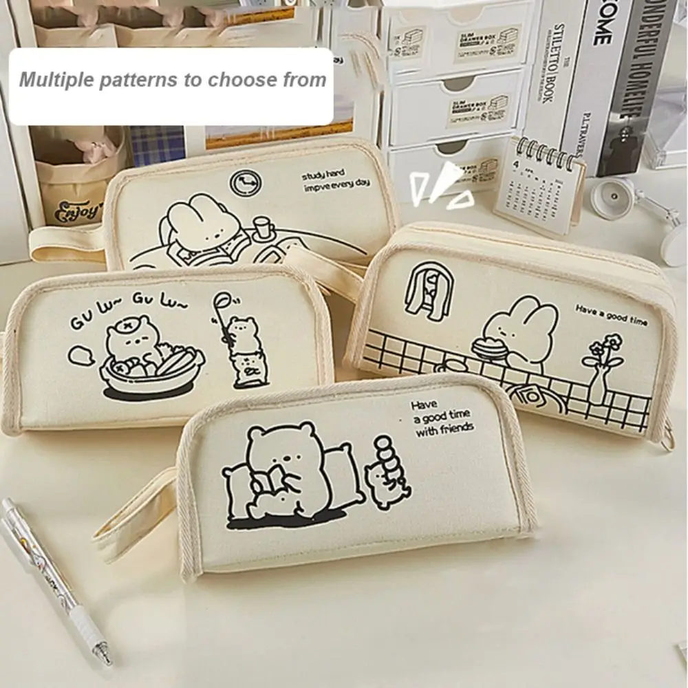 Cute Canvas Pen Bag Cartoon Large Capacity Stationery Bag Creative High Quality Stationery Organizer