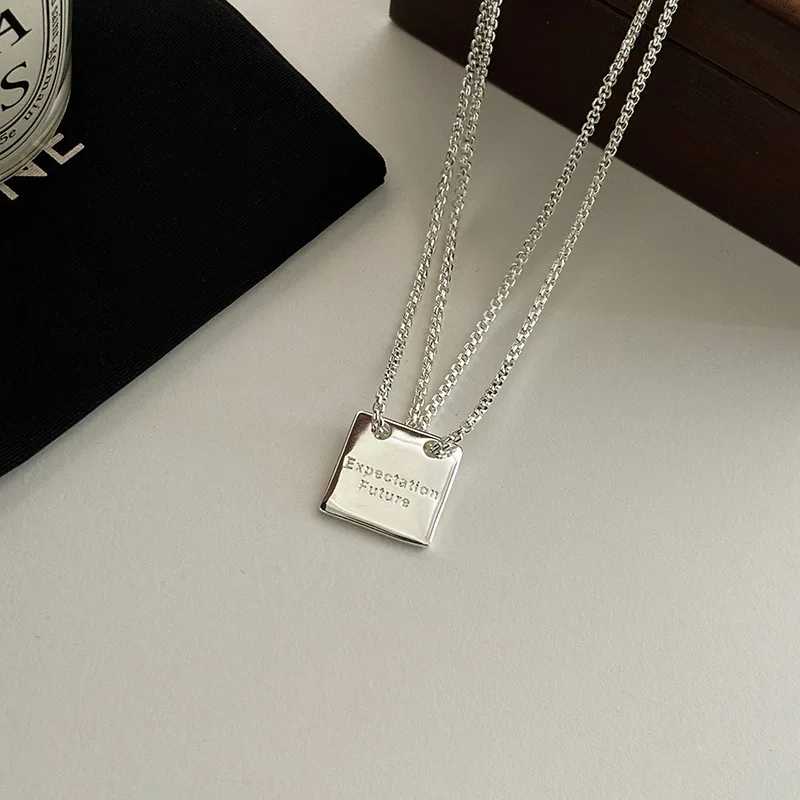 Real 925 Sterling Silver New Ladies Fashion Jewelry Two Layers Letter Square Brand Pendant Necklaces For Women Length 45CM