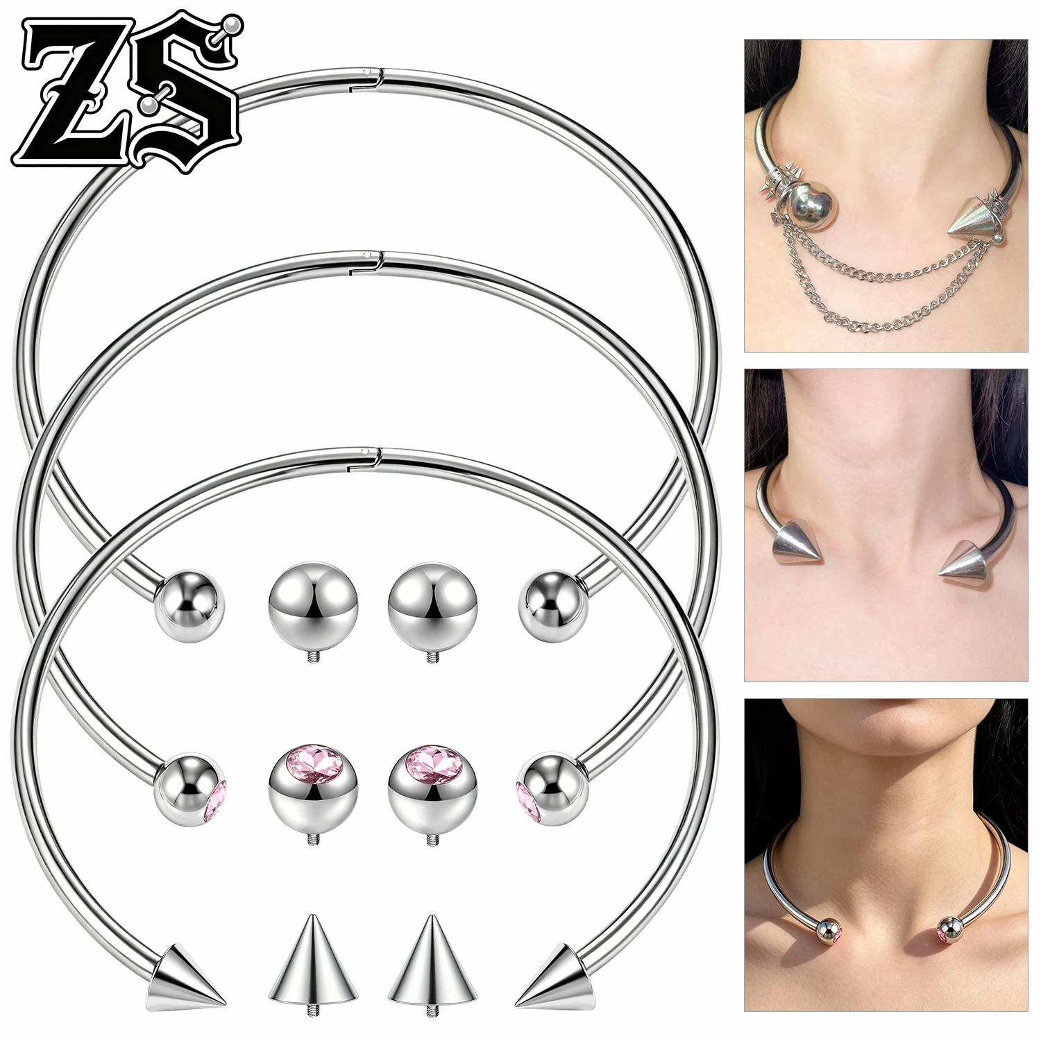 ZS 1 PC-2PCS/LOT Spike Edelstahl-Halsband für Damen und Mädchen, Punk-Kragen, austauschbare Kugelkappe, DIY-Halskette, Körperschmuck