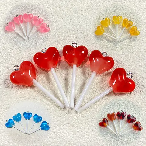 10 Uds. De dijes de piruleta de resina con forma de corazón de amor, colgantes de dulces de simulación para collar, pendiente, abalorio para teléfono, joyería DIY