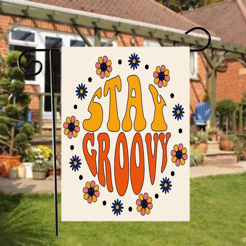 HGOD DESIGNS Stay Groovy Garden Flag Seventies Retro Hippie Flowers Wreath In Circle Daisies Floral Cotton Linen House Flags yyi
