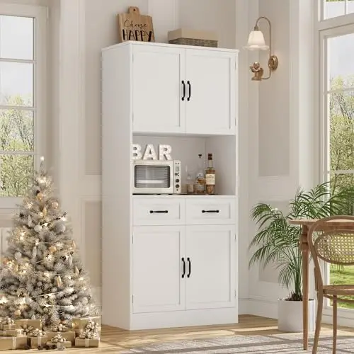 71“ Tall Kitchen Pantry Storage Cabinet, Modern Kitchen Hutch Bar Cabinet with Microwave Stand, Wood Buffet Sideboard
