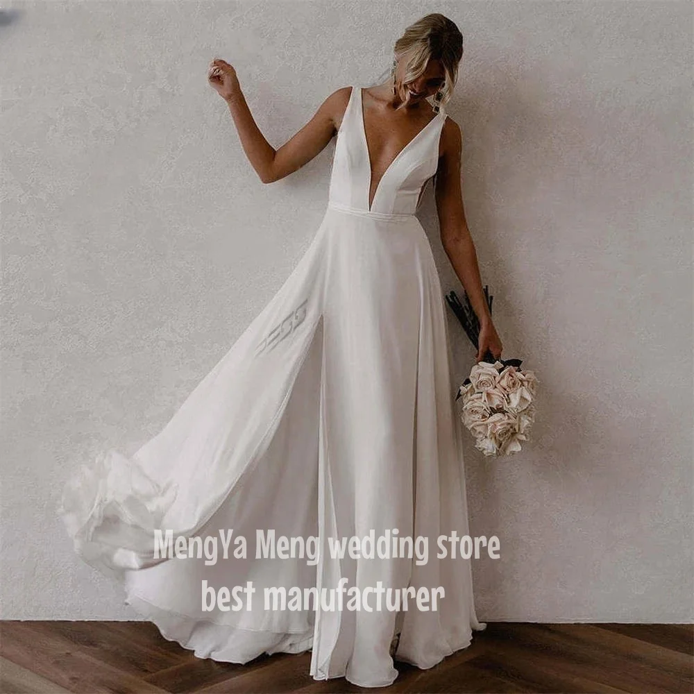 ZHUISHU 2025 Vintage Wedding Dresses Sexy V neck High Slit Pleat Spaghetti Strap Brides Dress Simple Floor-Length Wedding Gown