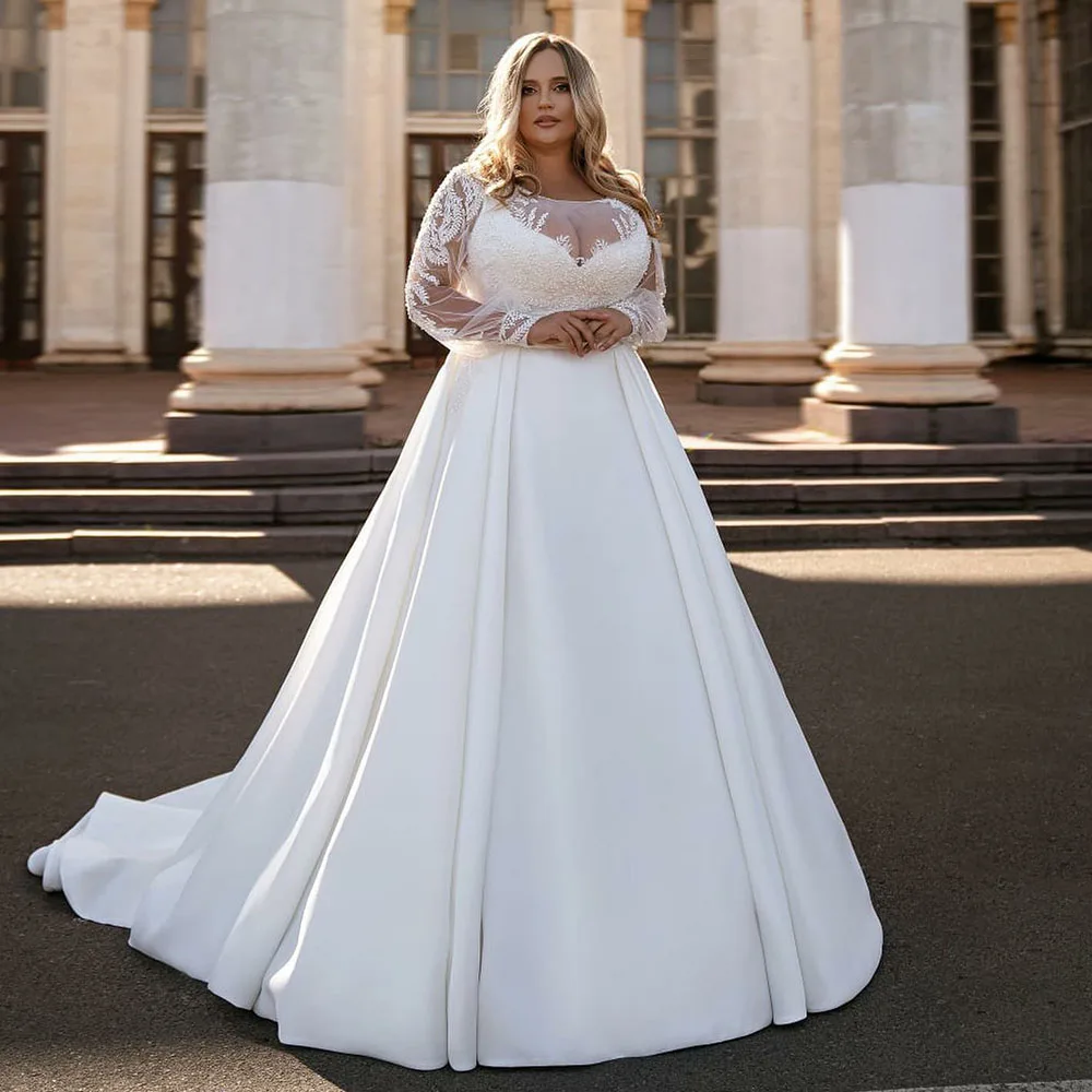 

2025 Women Wedding Dress Detachable Jacket Scoop Neck Long Sleeve Lace Appliques Large Plus Size Bridal Dreess Customized