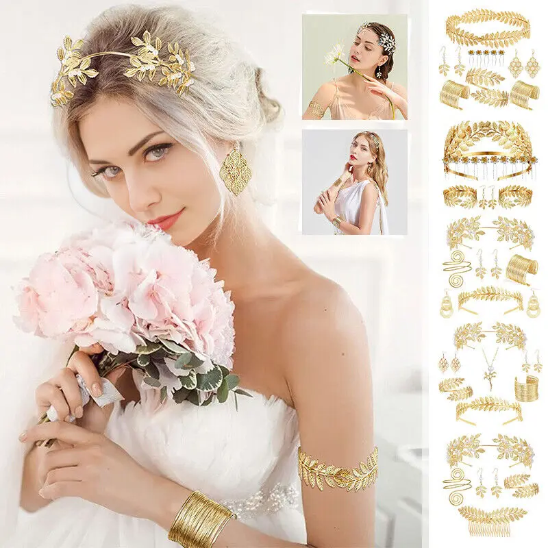 1set Greek Goddess Hairwear Jewelry Costume Accessories Set Vintage Party Bridal Earrings Bracelet Wedding Dress Up Set