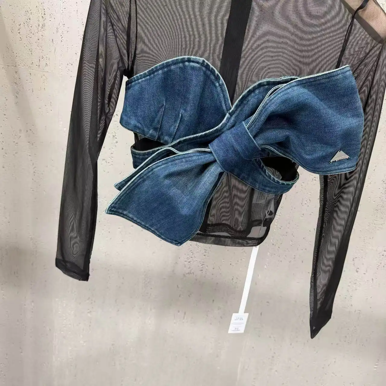 High Street Tees Tshirts Women's Spring New Strapless Denim Bow See Through Elastic Mesh Fake Two-piece Set Sexy Slim Fit