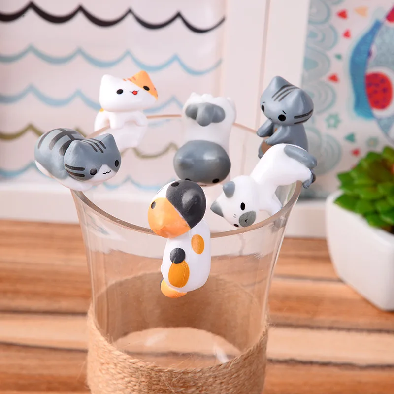 6Pcs Cute Mini Cartoon Cat Cup Charm Ornaments Car Screen Edge Decoration Cat Micro Landscape Model Cute Car Accessories Gifts