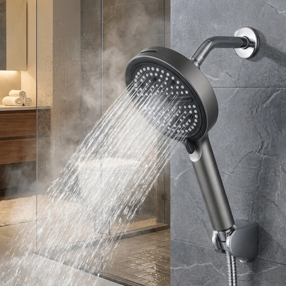 Big Panel Design Handheld Shower Head 7 Modes Pressure-Boosting Structure Rainfall Shower Head Extra-Wide Large Panel