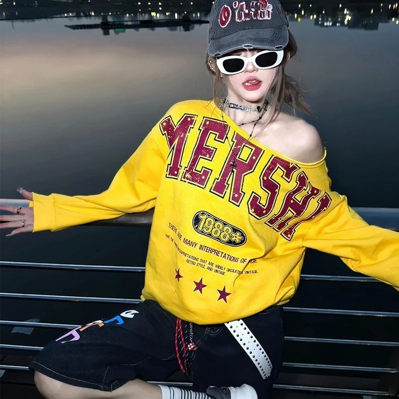 American Vintage Hot Sweet Loose Print Letter Pullover Hoodie 2000s Y2k Subculture Long Sleeve Half Open Collar Women T Shirts