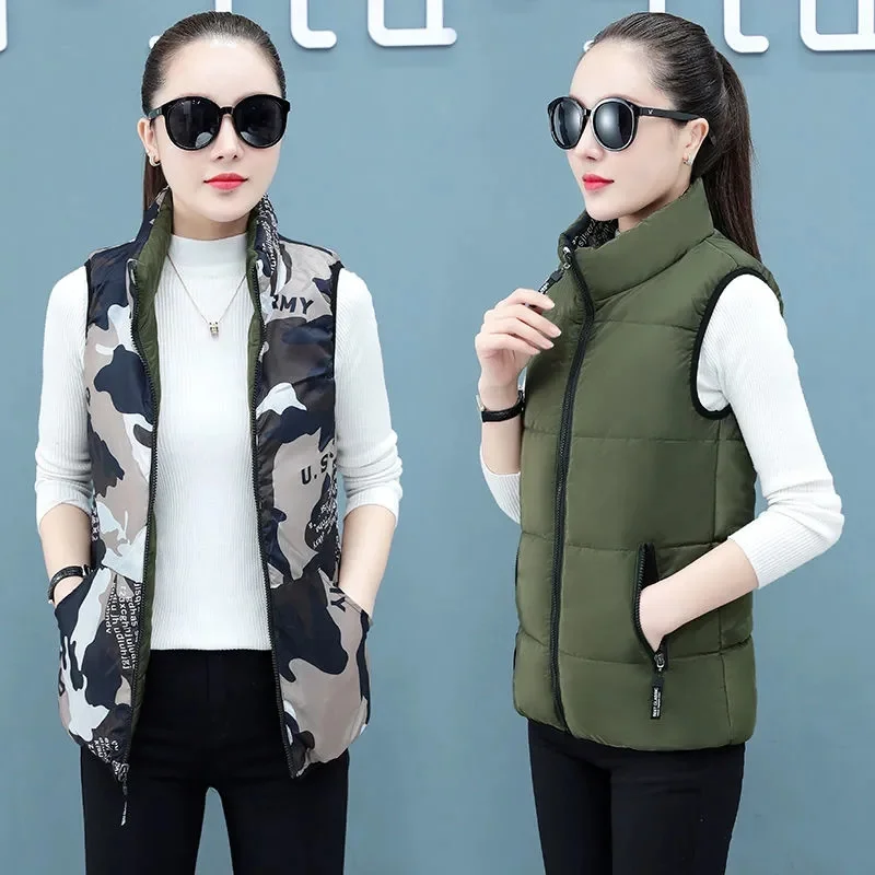 Streetwear Two-Sided Vest Jacket Women's Winter Hooded Zipper 2022 New Waistcoat Female's Loose Korean Fashion Camouflage Jacke