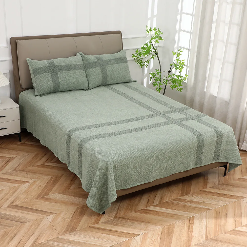 European Embroidered Quilted Bedspread Set 3-Piece Minimalist Solid Color Washed Coverlet Ultra Soft Comfortable Quilt for Bed