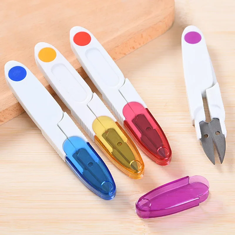 Plastic Handle Safety Cover Sewing Scissors Thread Embroidery Cross-stitch Cutter Portable Cutter Mini Spring U Shape Scissors