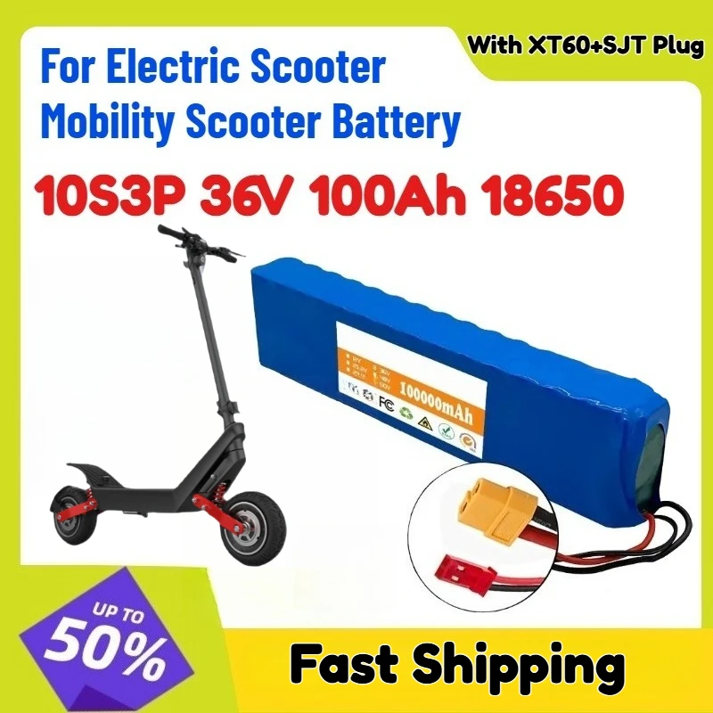 

With XT60+SJT 10S3P 36V 100Ah 18650 Lithium Battery for Electric Scooter Mobility Scooter Bicycle Rechargeable Battery