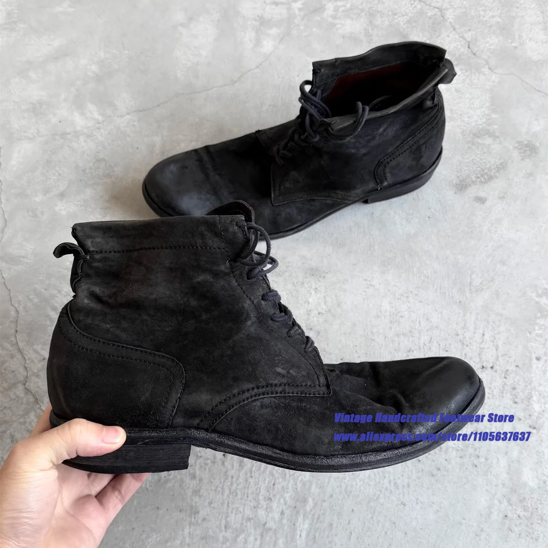 Vintage Black Leather Round Toe Men's Boots High-Top Lace-Up Booties ﻿Low Flat Heel Handcrafted Men's Boots Stylish Men's Shoes