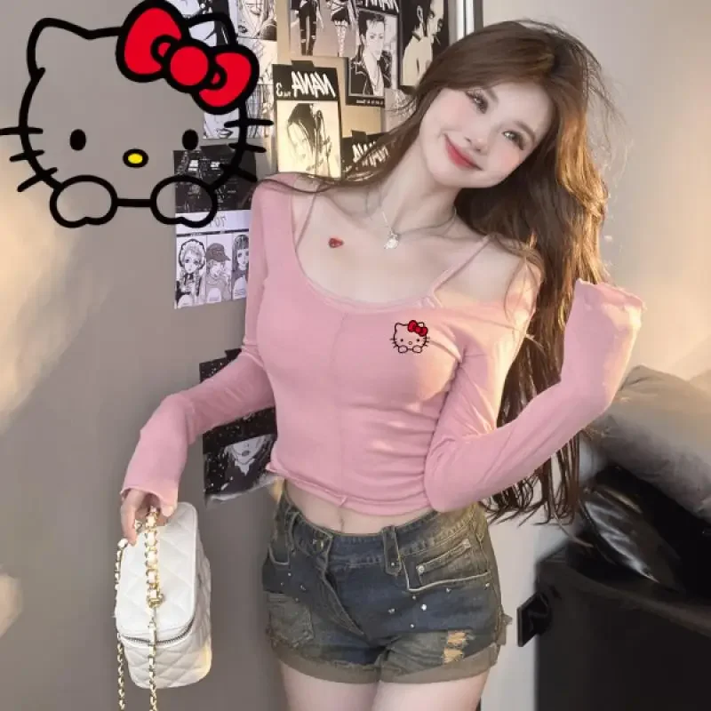 Miniso Hellokitty Top Clothes Cartoon Figure Kitcat Printing Pink Colour Summer Two Pieces Sling Vests Sweet Style Cool T-shirts