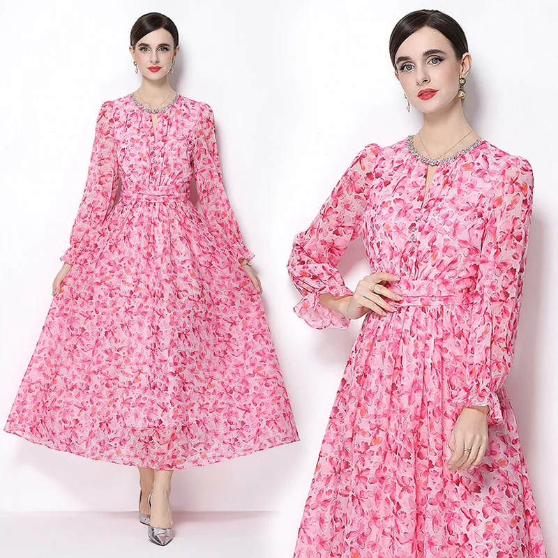 French Elegant Eye-catching Print  Artificial Diamond Decoration Dress Round Neck Women Autumn Winter Slimming A-Line Dresss