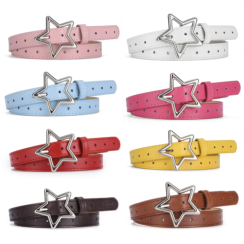 Kids Pentagram PU Leather  Waistband Children Adjustable Metal Star Buckle Holes Belt Girls Solid Color Jeans Waist Strap