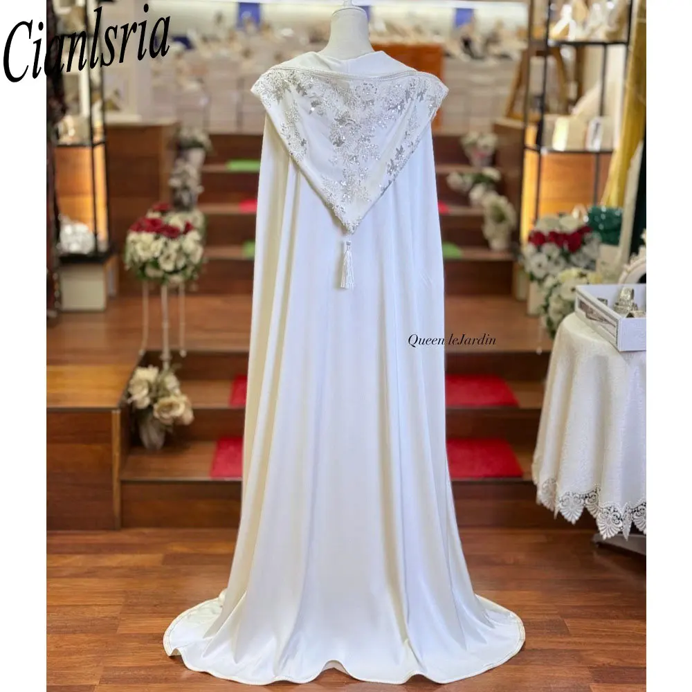 Muslim Beading Sequined Satin Wedding Cape Appliques Lace Bridal Cloak Floor Length Elegant Fashion Bridal Jacket With Hood