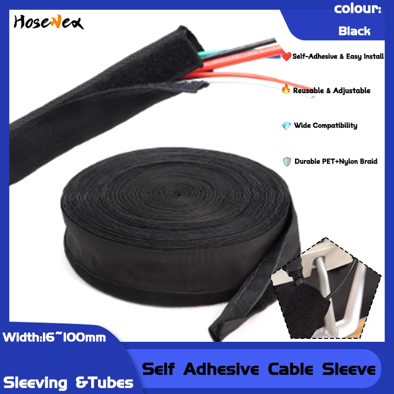 

16mm-100mm Self-Adhesive Braided Cable Sleeve Reusable Wire Loom for Automotive Home Office Cable Management Cable Sleeves
