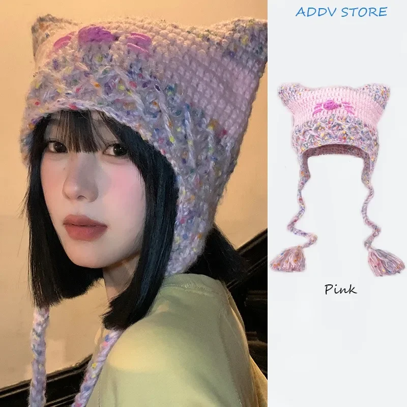 Y2K Style Cute Pink Cat Hat Winter Furry Warm Woven Beanie Hat Cute Funny Handmade Knitted Pullover Hat