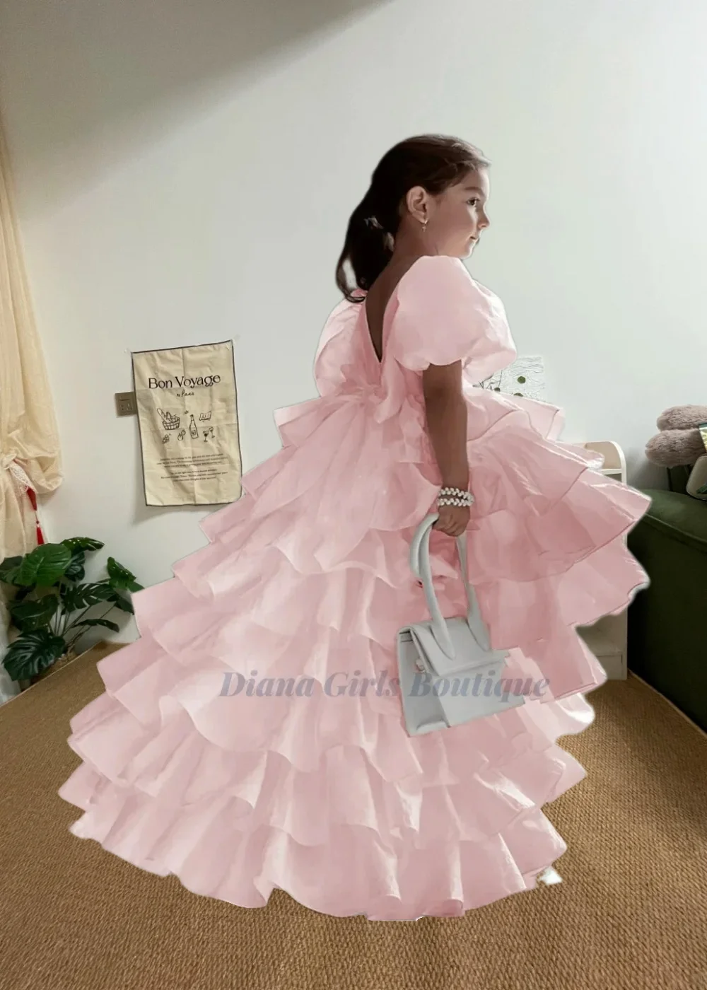 

Lovely White Flower Girl Dress Satin Fluffy for Wedding Ball Party Short Sleeves Puffy Stratification Kids Birthday Evening Gown