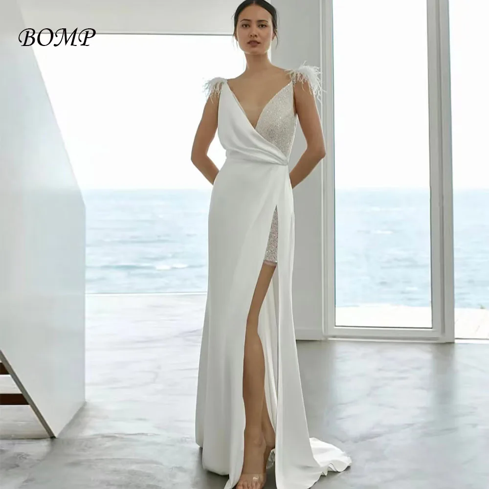 

BOMP Elegant Feathers Evening Dress V-Neck Beading Sweep Train White Satin Formal Occasion Birthday Party Dresses Customized