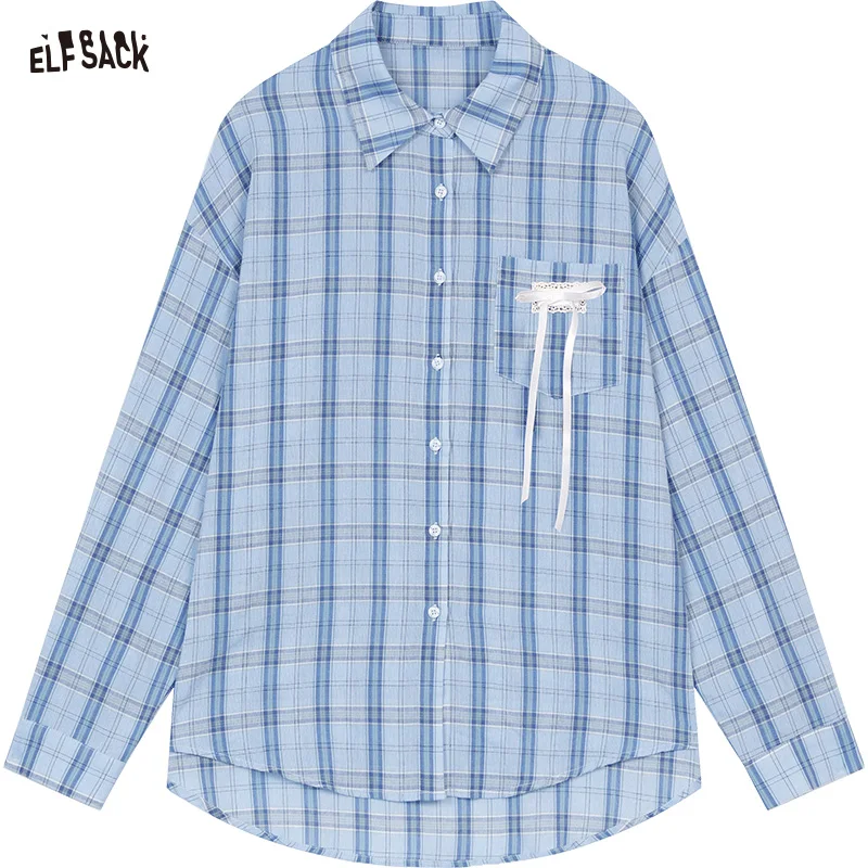 ELFSACK 2025 Spring New Arrivals Sweet Plaid Lace Bow Shirt Women Preppy Style Casual Single Breasted Top