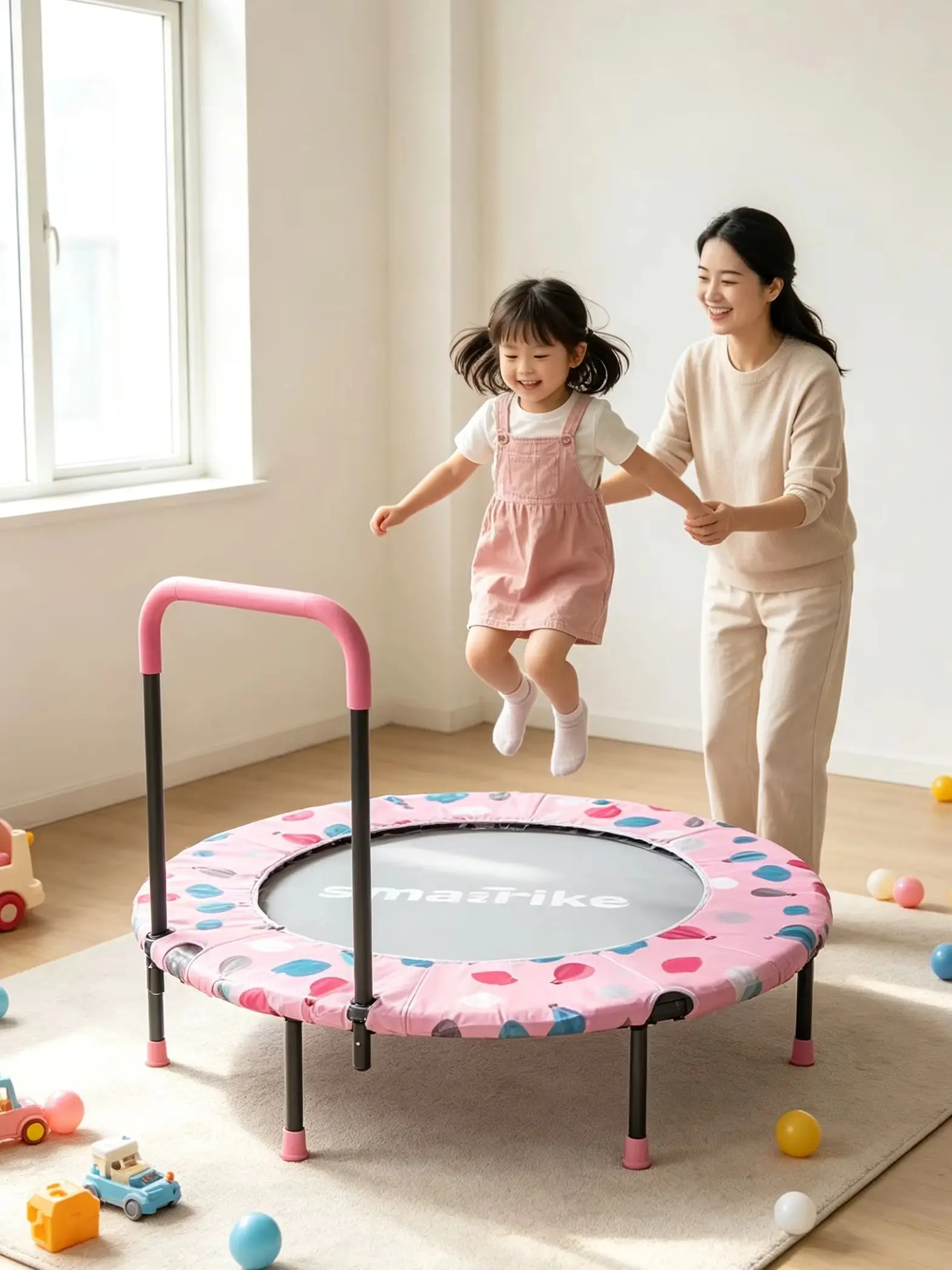 Kids Mini Trampoline With Handrail Cute Balloon Printed Pink Safety Pad Indoor Toddler Fitness Jumping Toy