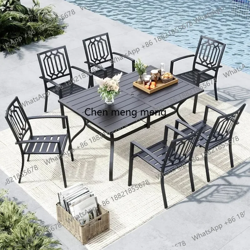 RR Outdoor Dining Set for 6, Patio Table and Chairs Set with Umbrella Hole, 7 Piece Metal Patio Furniture Set for Deck, Customiz